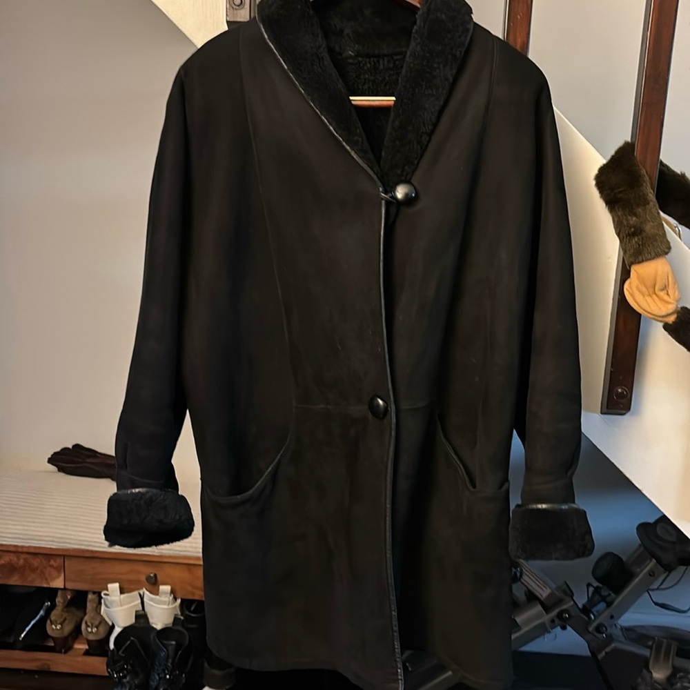 Shearling black coat. Real suede and real fur. Size Large